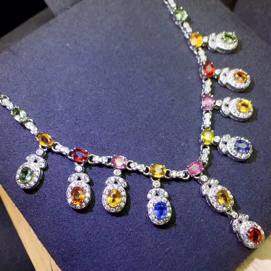 Multicolor Sapphire Gemstone Clavicle Necklace 3x4mm 925 Sterling Silver