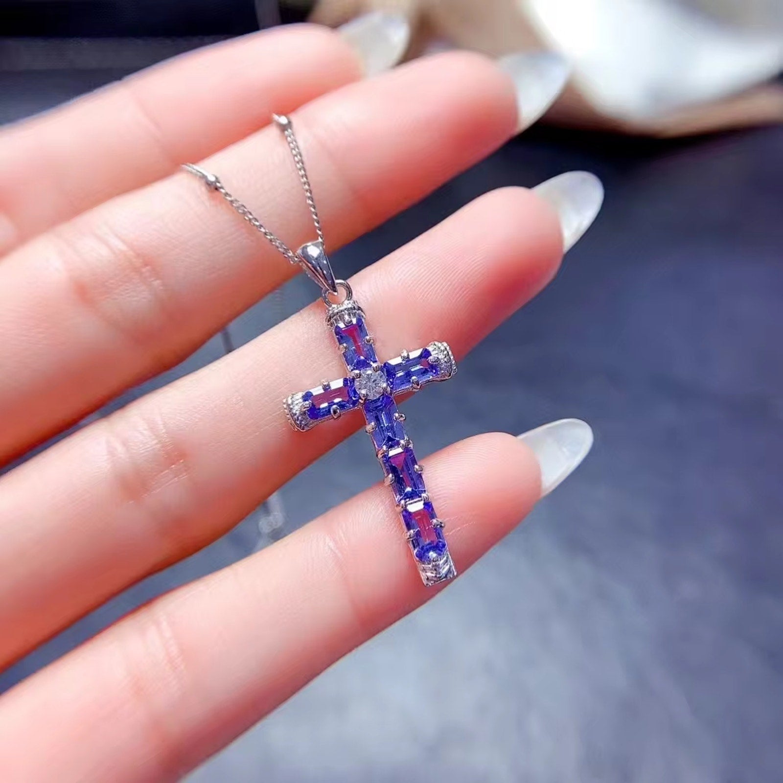 Purple Tanzanite Cross Necklace, Gemstone Cross Necklace 925 Sterling Silver