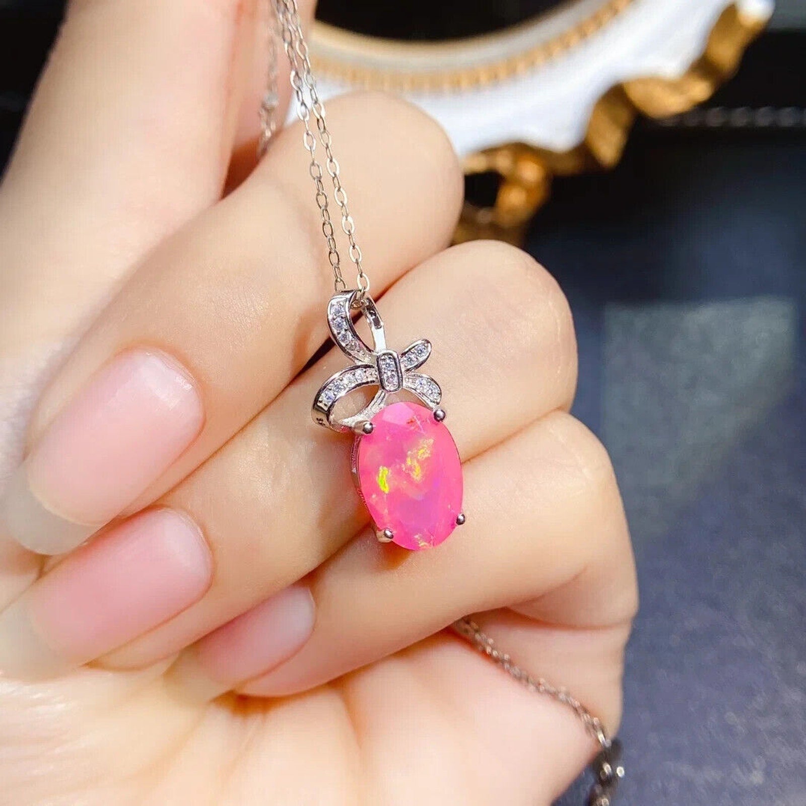 Pink Fire Opal Pendant Necklace 8x12mm, Natural Pink Fire Opal Necklace