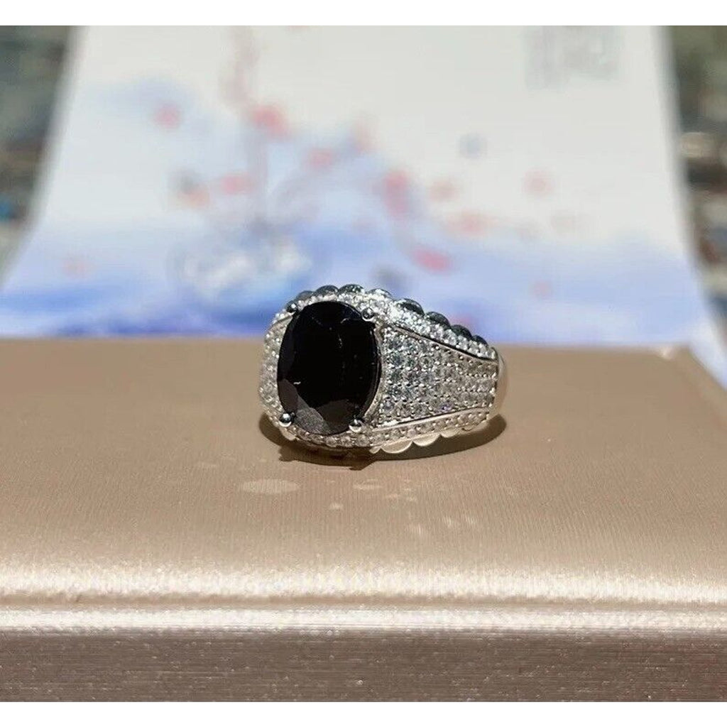 Mens Black Sapphire Cocktail Ring 8x10mm, Mens Sapphire Gemstone Rings
