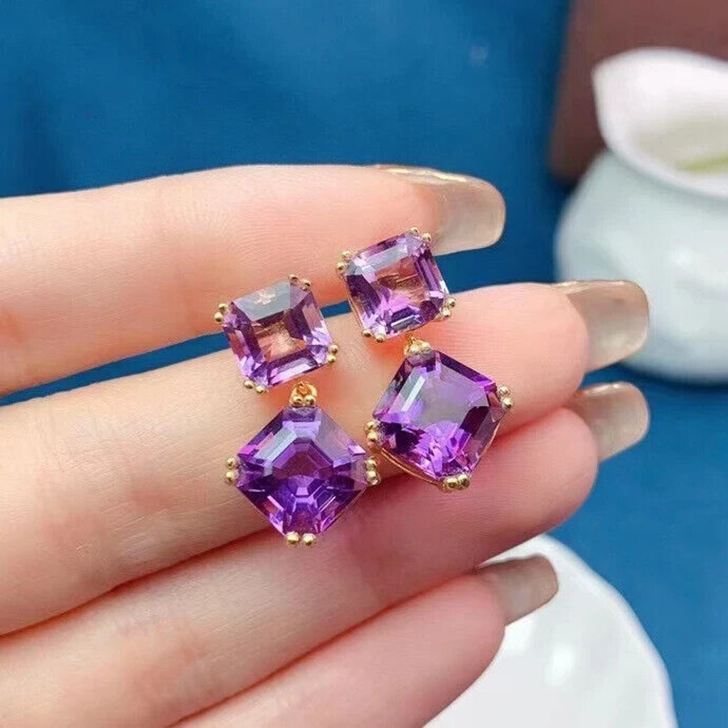 Amethyst Dangle Earrings 10mm Platinum Plated, Purple Amethyst Earrings