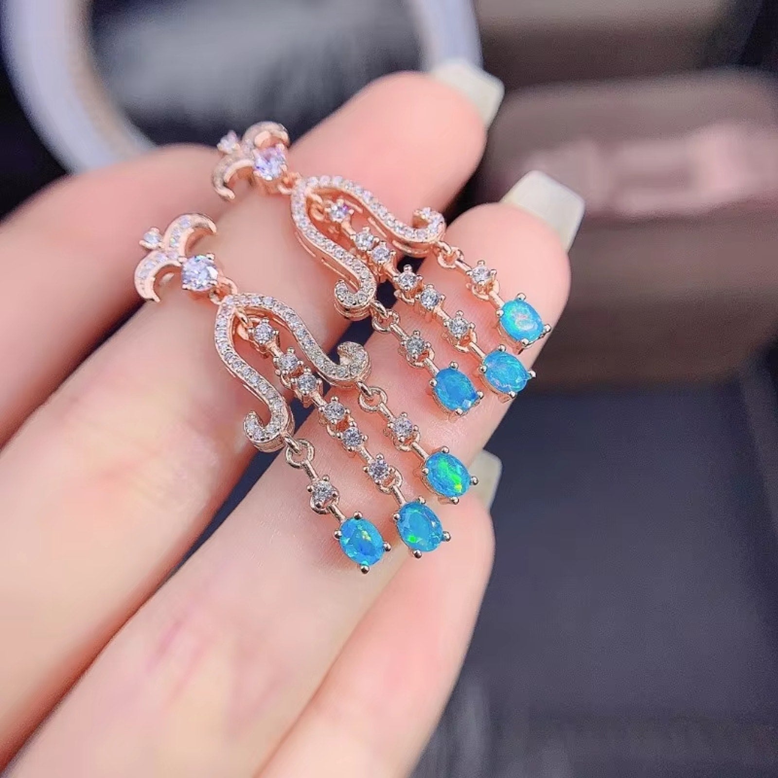 Natural 2.00 Carat Opal Oval Shape Stud, Blue Opal Chandelier Earrings
