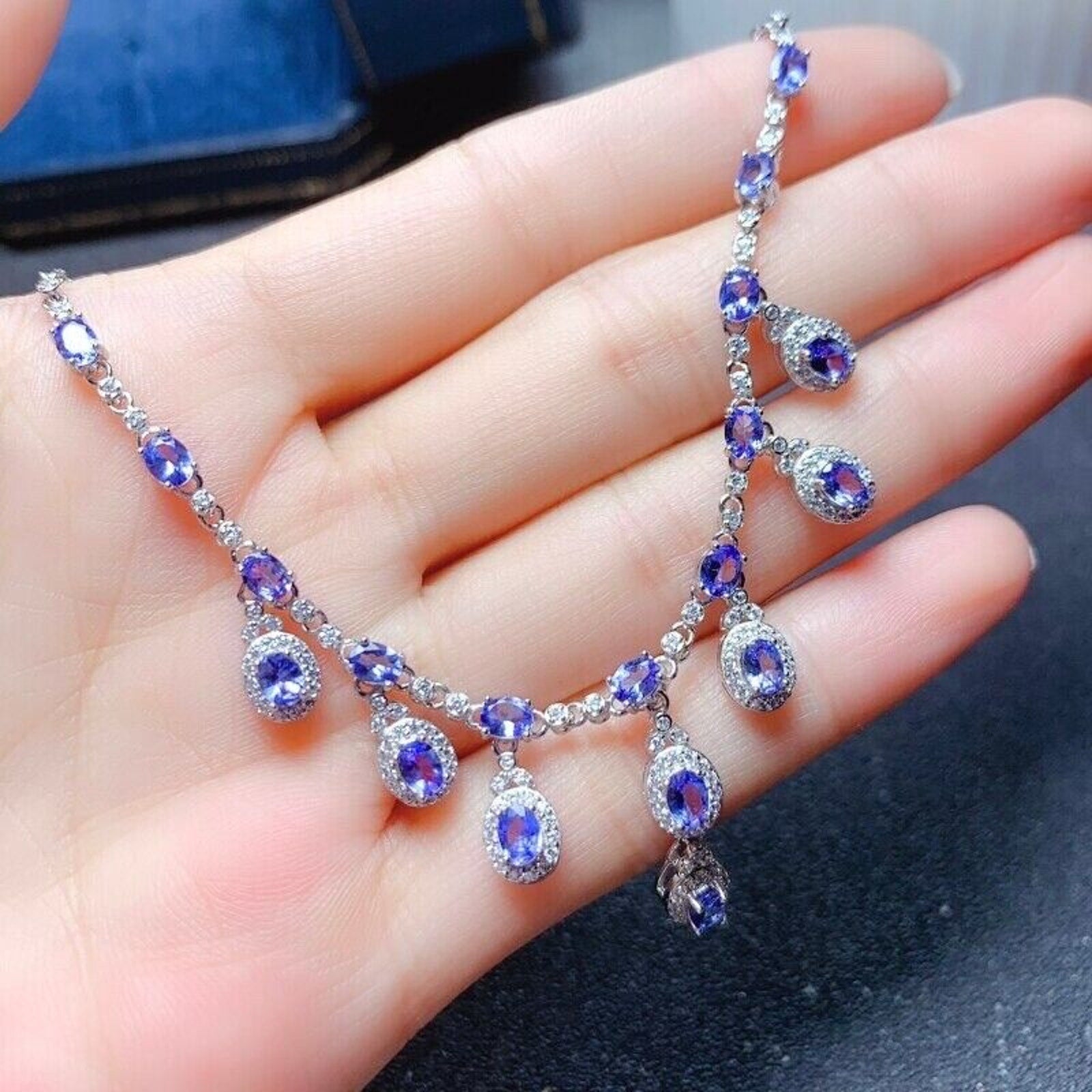 Tanzanite Clavicle Chain Statement Necklace, Purple Tanzanite Charm Necklace