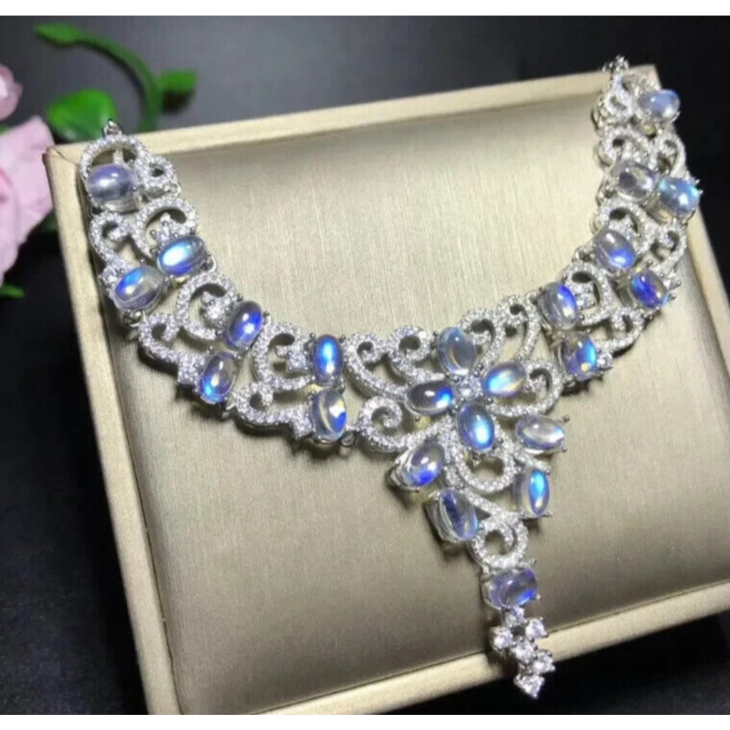Natural Moonstone Statement Necklace, Blue Moonstone Collar Necklace Platinum CZ