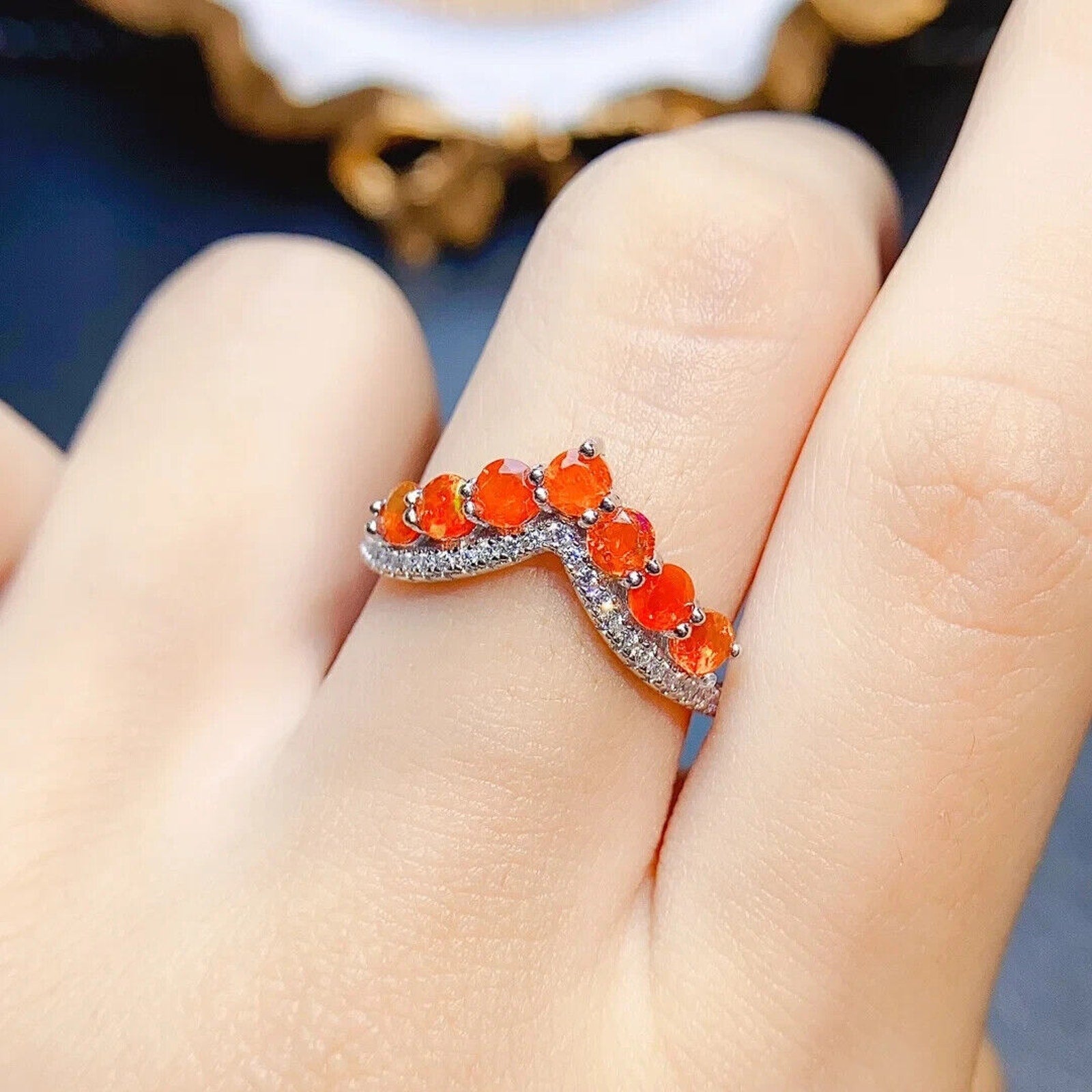 Orange Fire Opal Wedding Band Ring, Natural Orange Opal Engagement Ring