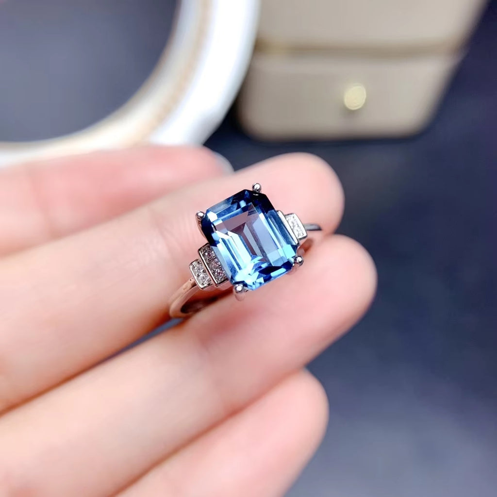 Emerald Cut London Blue Topaz Ring 925 Sterling Silver, London Blue Topaz 7x9mm