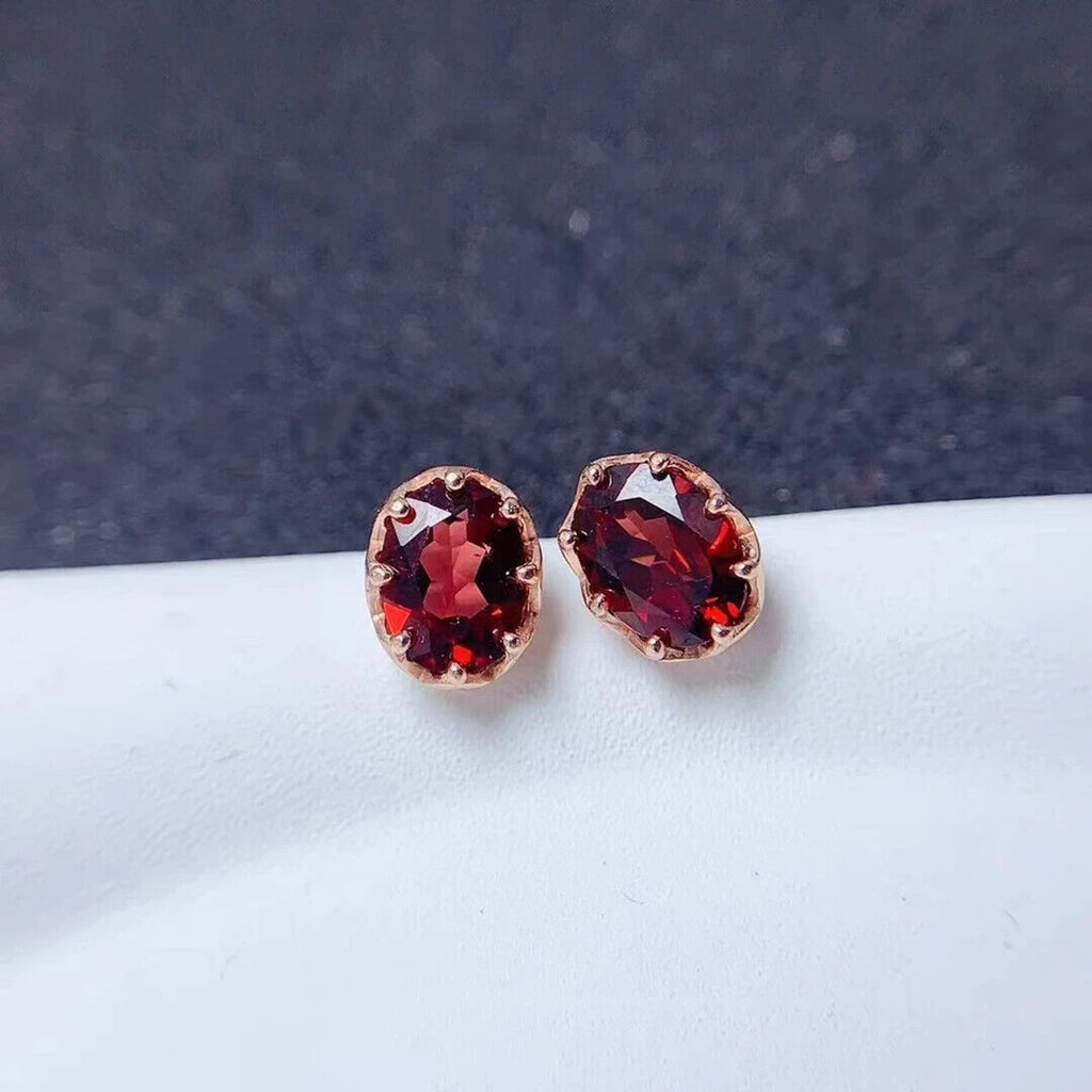 Natural Red Garnet Stud Earrings 6x8mm Platinum Plated, Red Garnet Stud Earrings