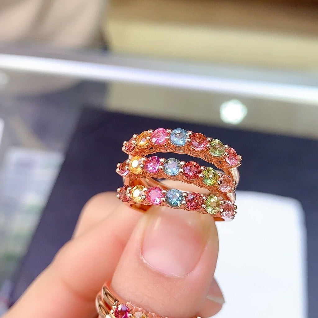 Natural Tourmaline Gemstone Band Ring, Women's Multicolor Tourmaline Band Ring