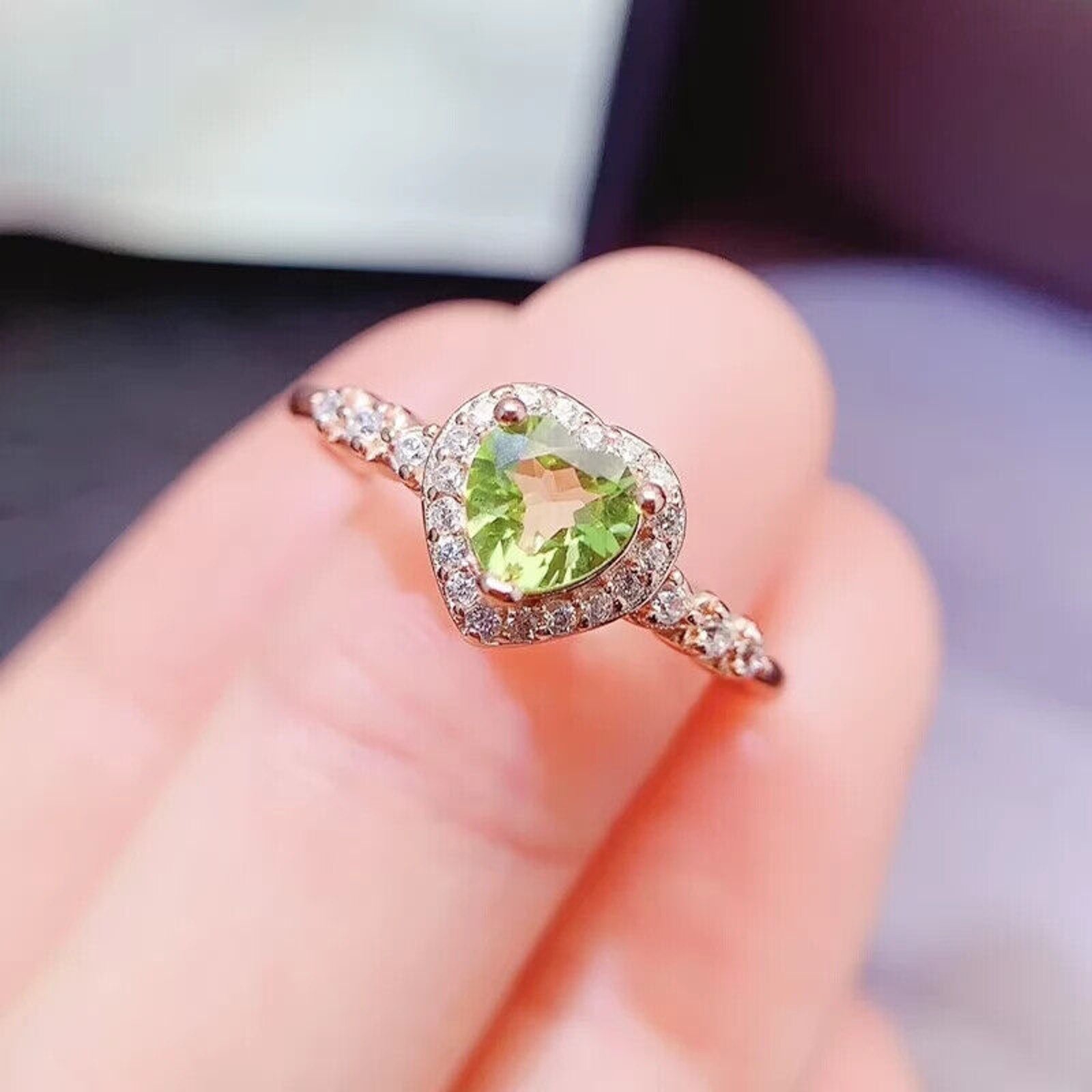 Natural Peridot Gemstone Heart Ring 6mm, August Birthstone Peridot Ring