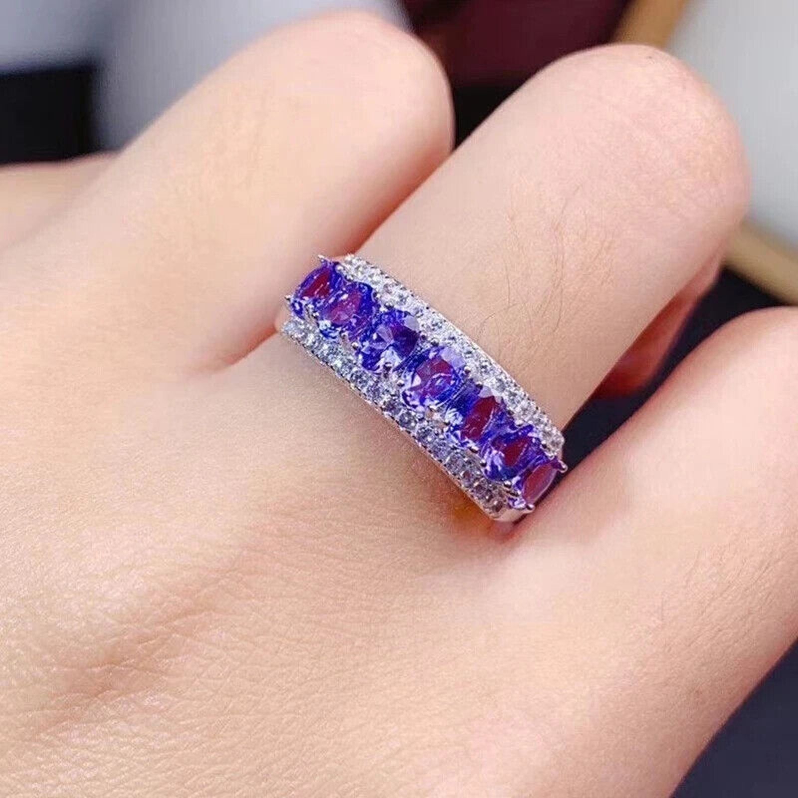 Natural Purple Tanzanite Band Ring 3x4mm Platinum Plated, Tanzanite Band Ring