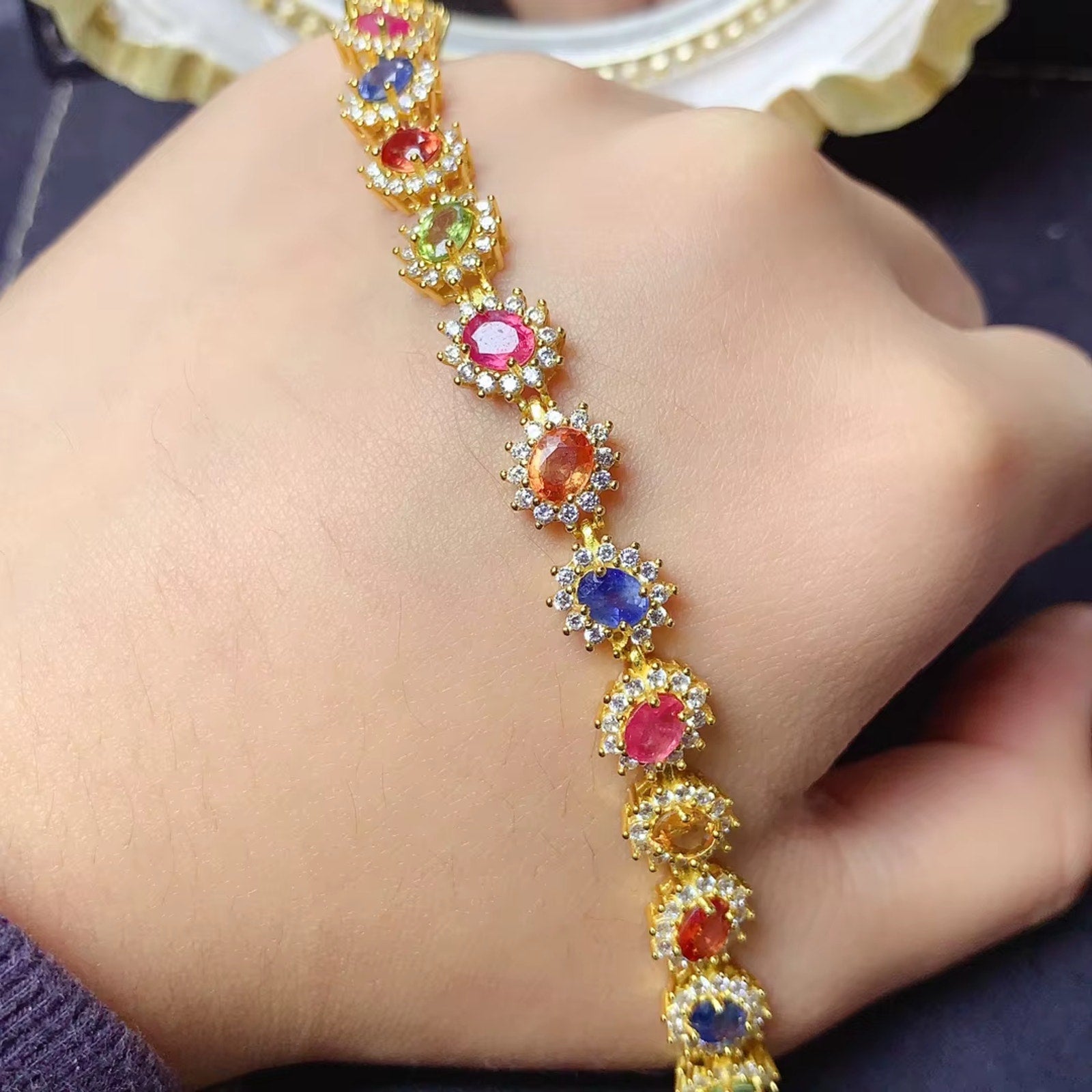 Multicolor Sapphire Bracelet 925 Sterling Silver, Natural Sapphire Bracelet