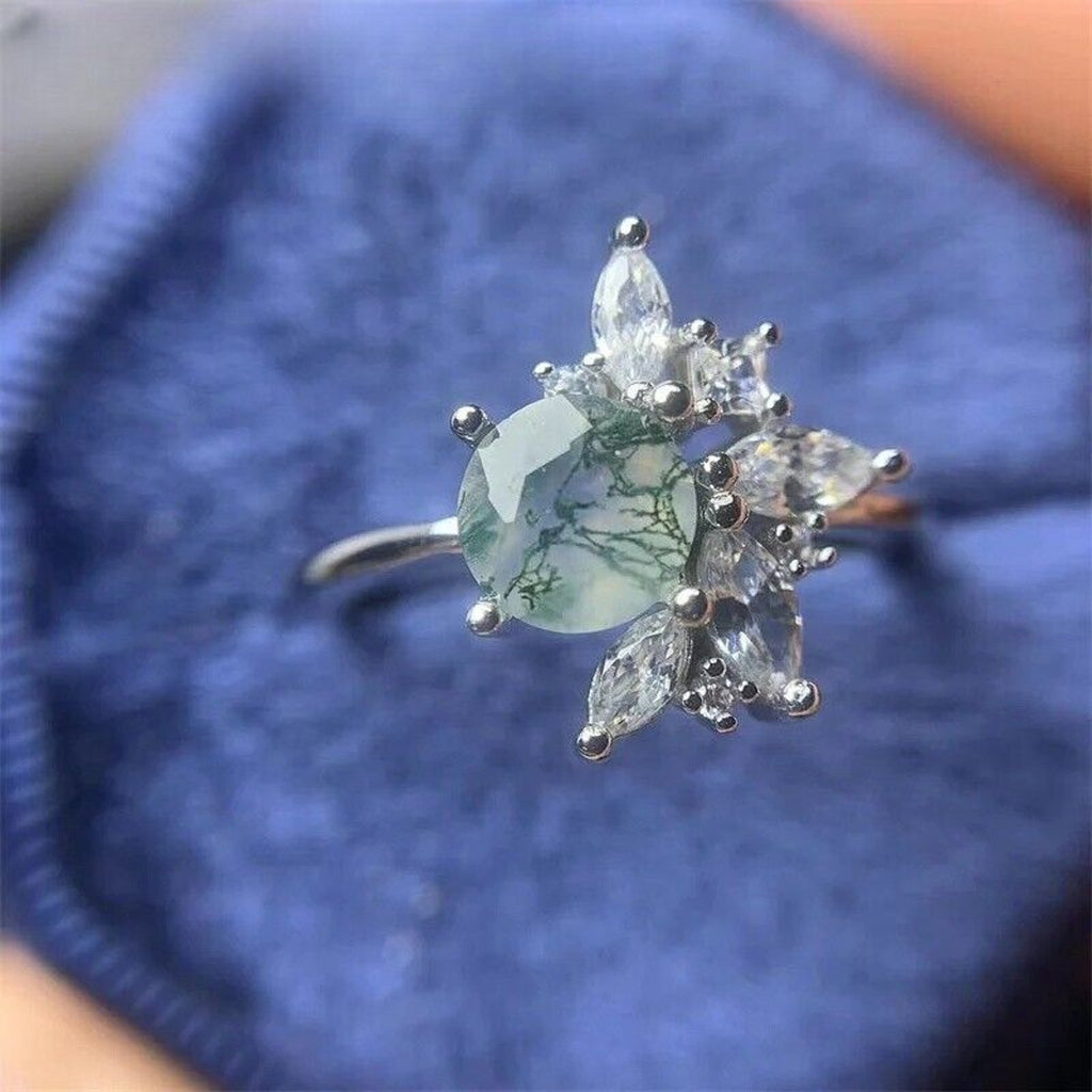 Moss Agate Cluster Ring, Natural Moss Agate Cocktail Ring, Green Moss Agate