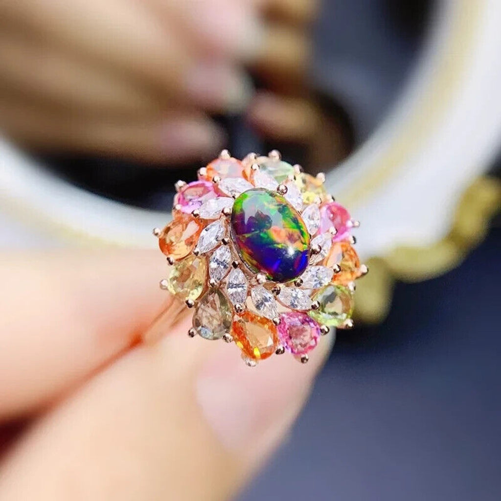 Black Fire Opal and Sapphire Cluster Statement Ring, Fire Opal and Sapphire