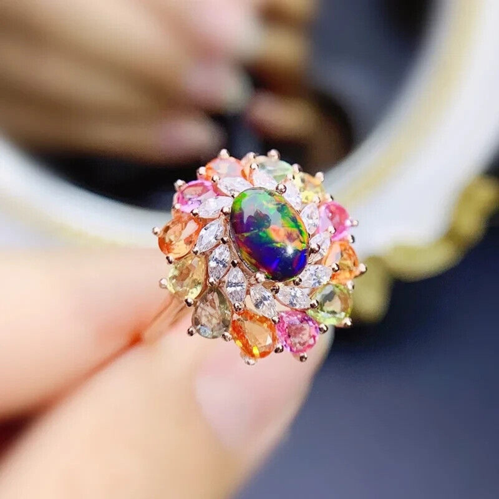 Black Fire Opal and Sapphire Cluster Statement Ring, Fire Opal and Sapphire