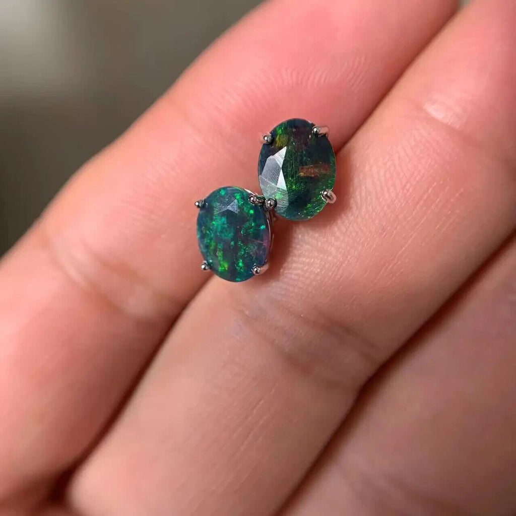 Faceted Black Fire Opal Stud Earrings 7x9mm, Natural Fire Opal Stud Earrings