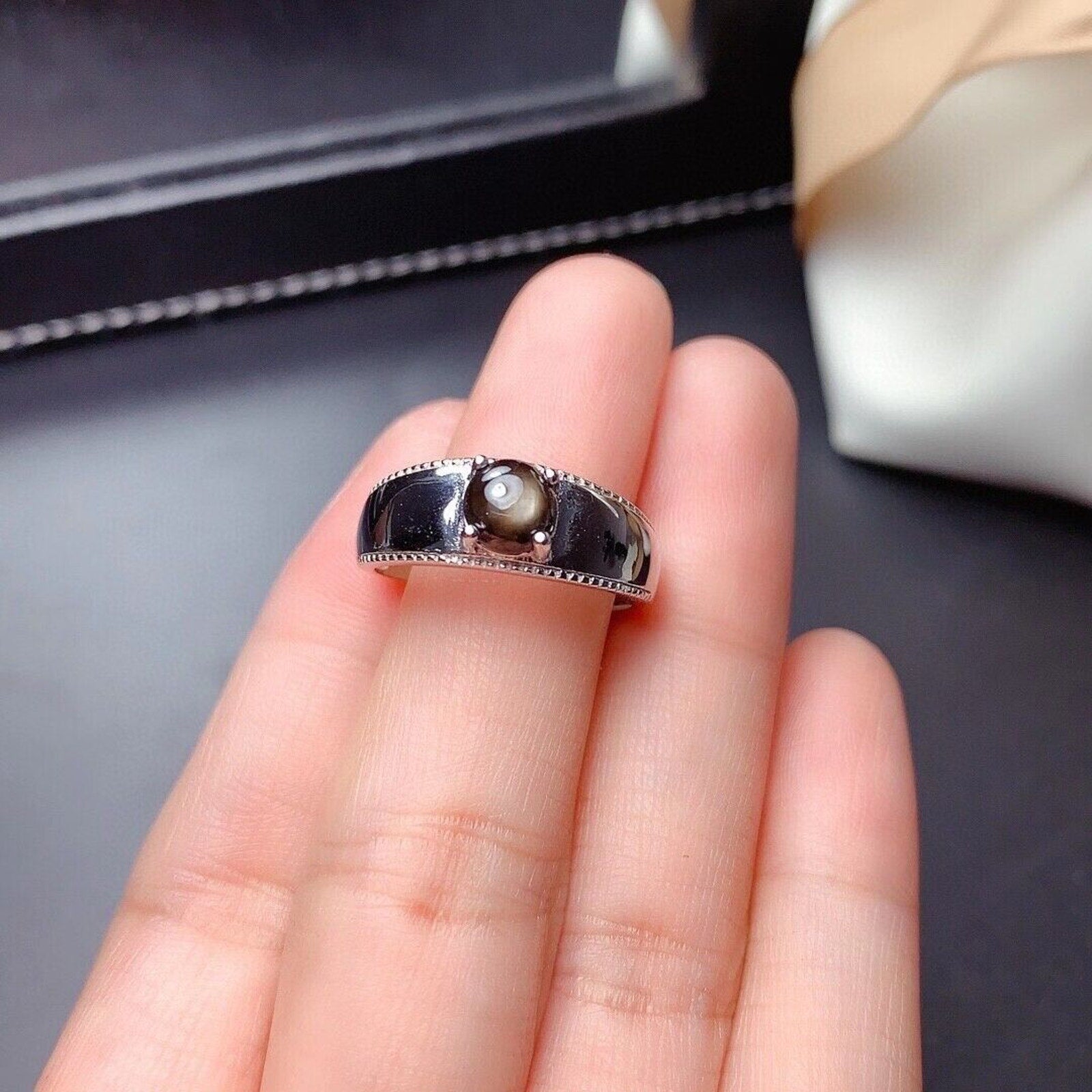 Natural Gray Star Sapphire Sterling Silver Band Ring, Star Sapphire Ring