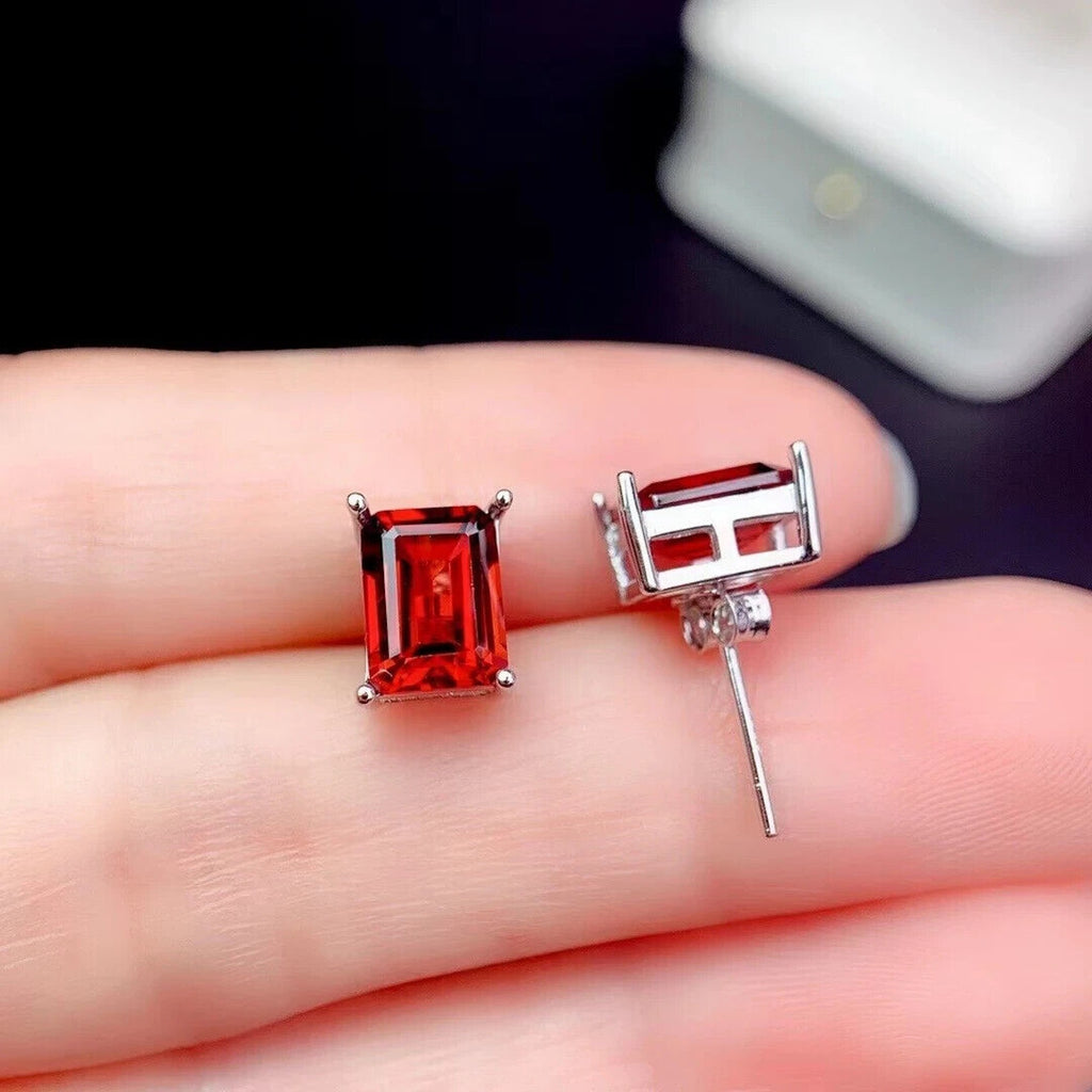Natural Red Garnet Stud Earrings 6x8mm Platinum Plated, Red Garnet Stud Earrings