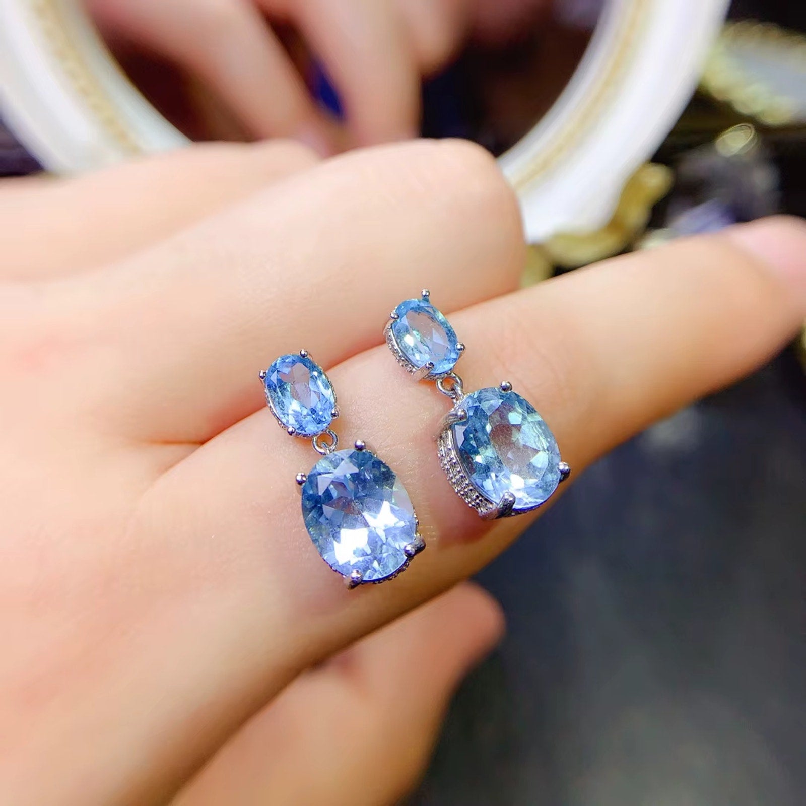 Sky Blue Topaz Gemstone Earrings 925 Sterling Silver, Oval Cut Blue Topaz 8x10mm