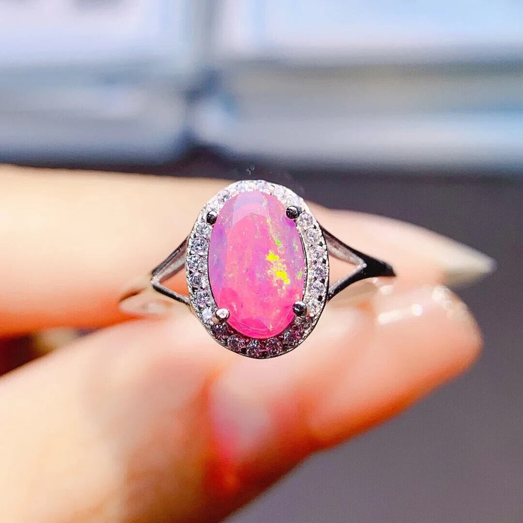 Natural Pink Fire Opal Cocktail Ring 6x9mm, Pink Opal Ring Sterling Silver
