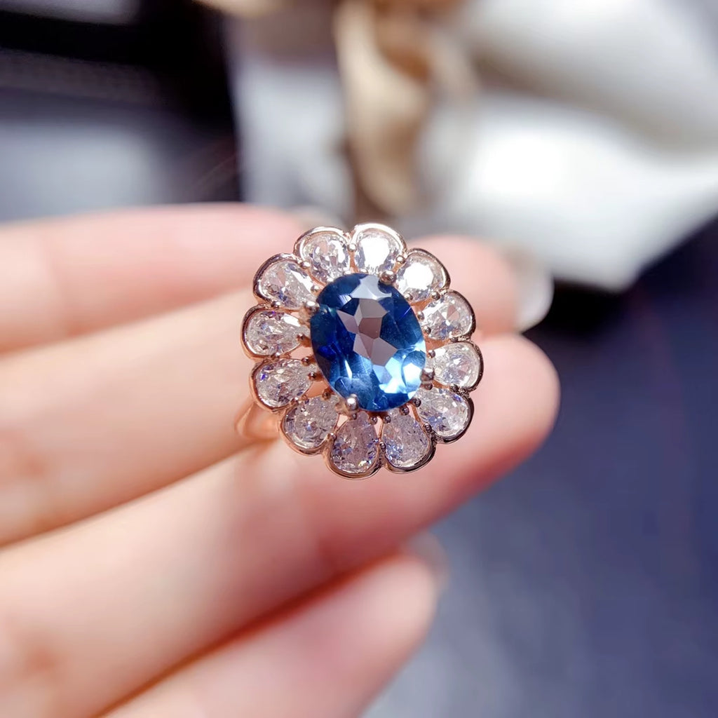 1.25 CT Oval Cut London Blue Topaz Halo Engagement Ring 925 Sterling Silver