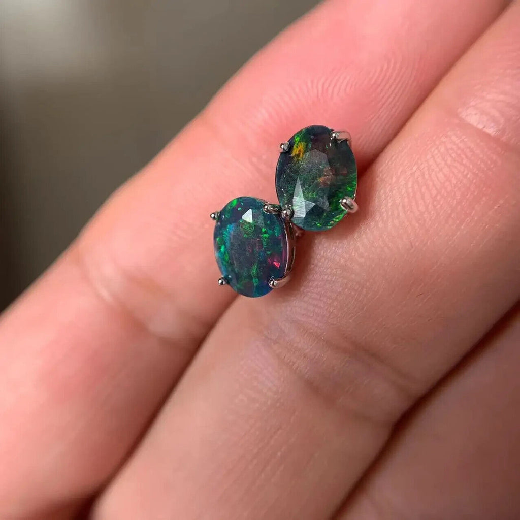 Faceted Black Fire Opal Stud Earrings 7x9mm, Natural Fire Opal Stud Earrings