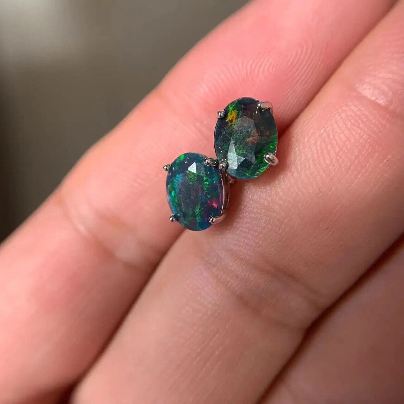 Faceted Black Fire Opal Stud Earrings 7x9mm, Natural Fire Opal Stud Earrings