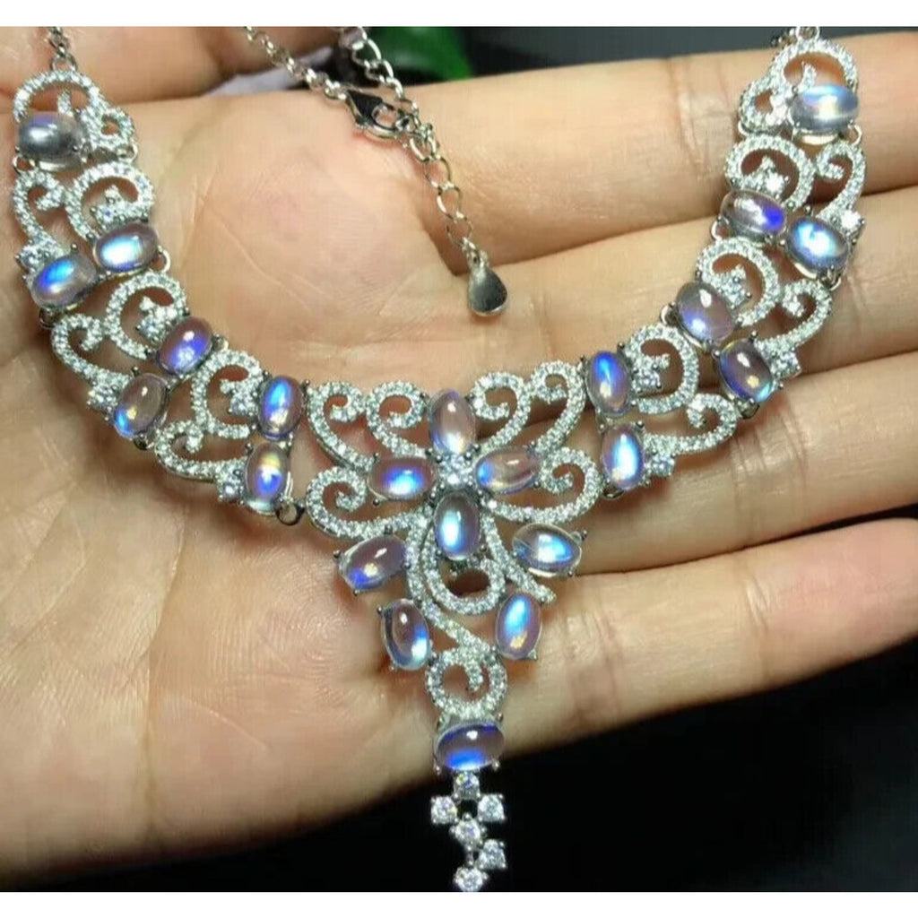 Natural Moonstone Statement Necklace, Blue Moonstone Collar Necklace Platinum CZ