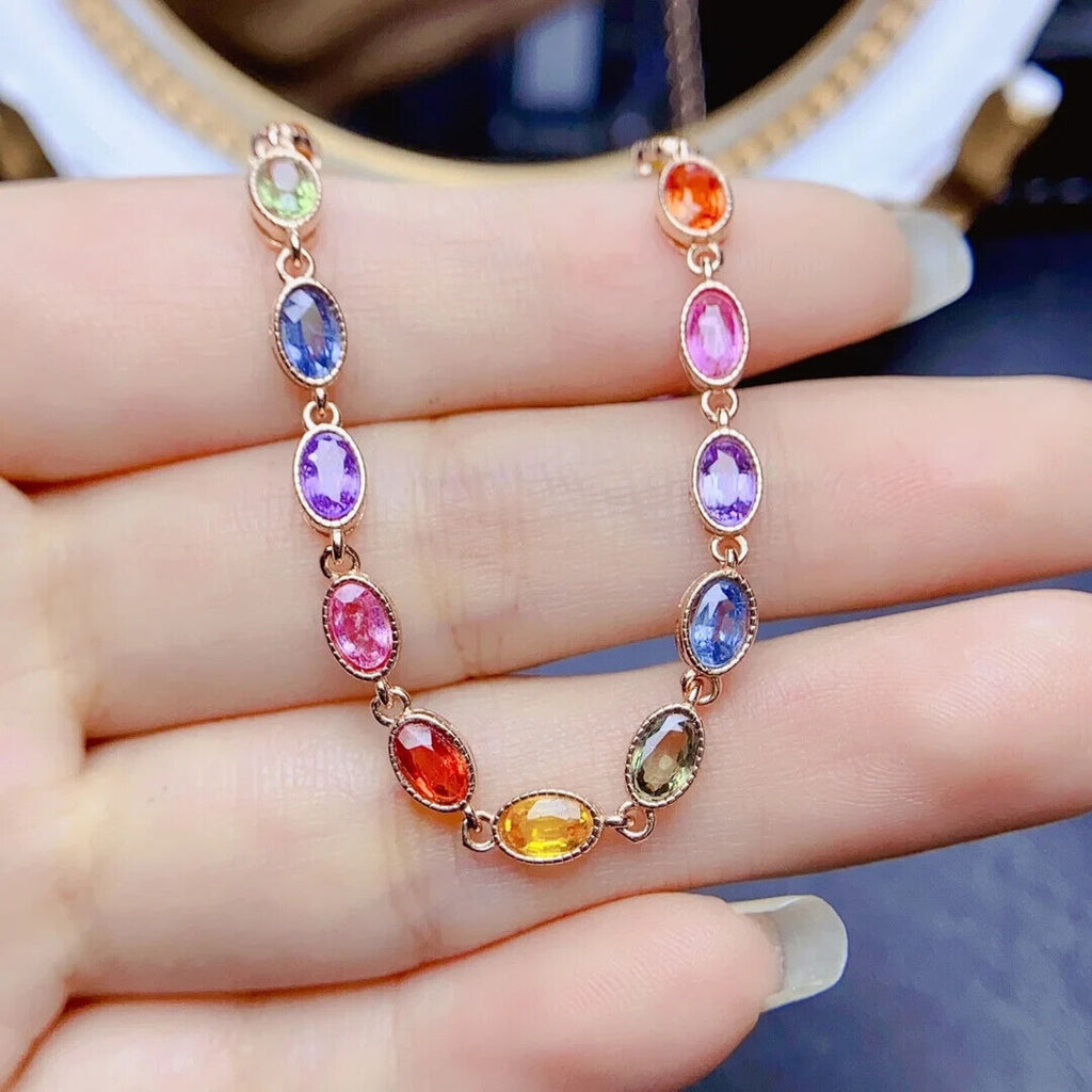 Colorful Sapphire Gemstone Tennis Bracelet, Natural Sapphire Bracelet Silver