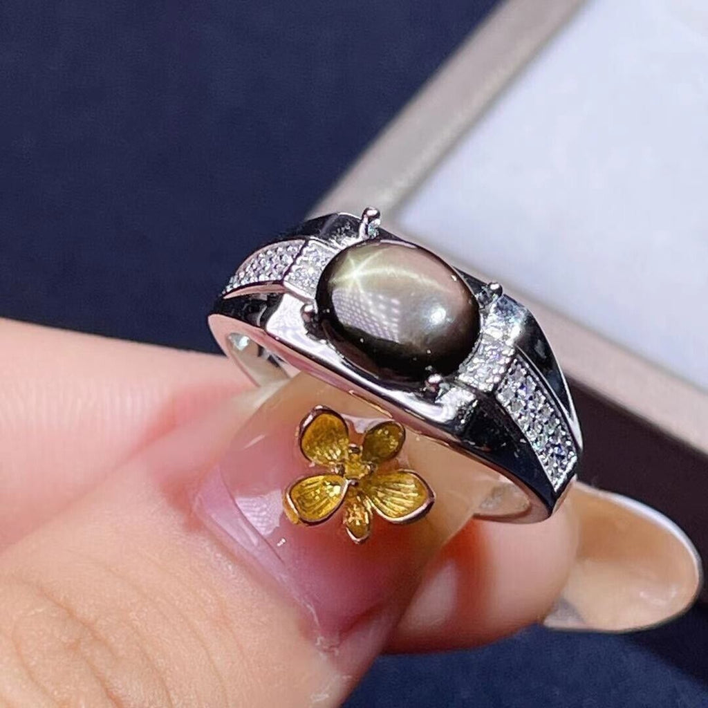 Men's Gray Star Sapphire Ring, 7x9mm Natural Gray Star Sapphire Ring Sterling