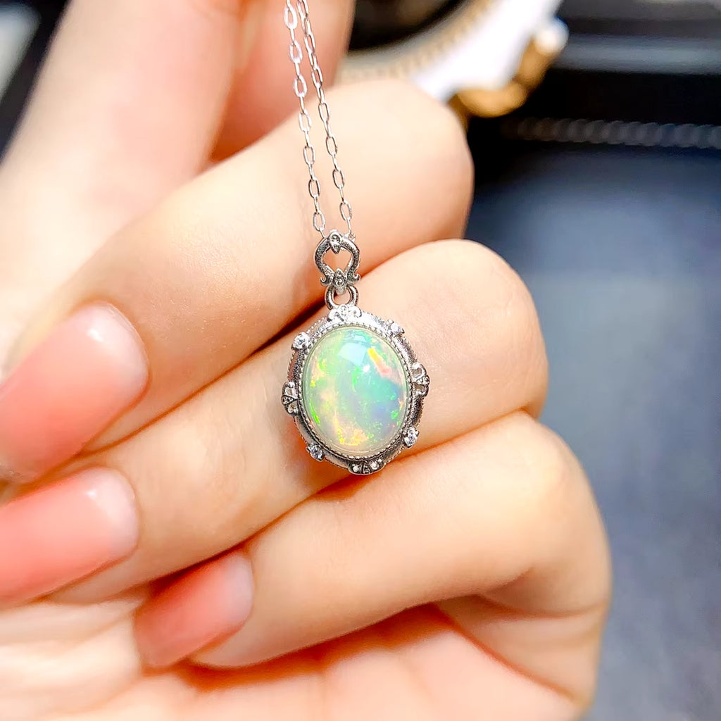 Natural Fire Opal Pendant Necklace, Women's Opal Pendant Necklace 8x10mm