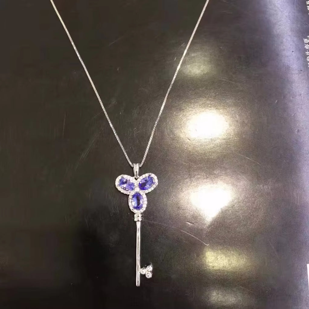 Purple Tanzanite Key Pendant Necklace, Natural Tanzanite Necklace For Women