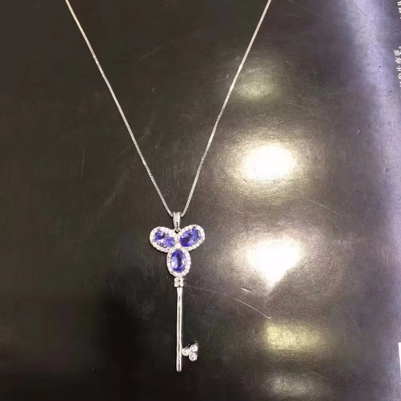 Purple Tanzanite Key Pendant Necklace, Natural Tanzanite Necklace For Women