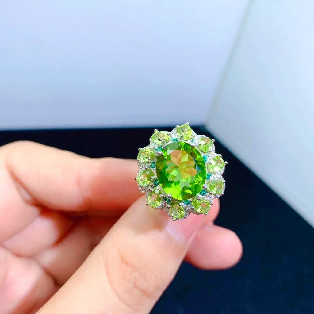Natural Peridot Gemstone Ring 10x12mm, Large Peridot Cocktail Ring CZ