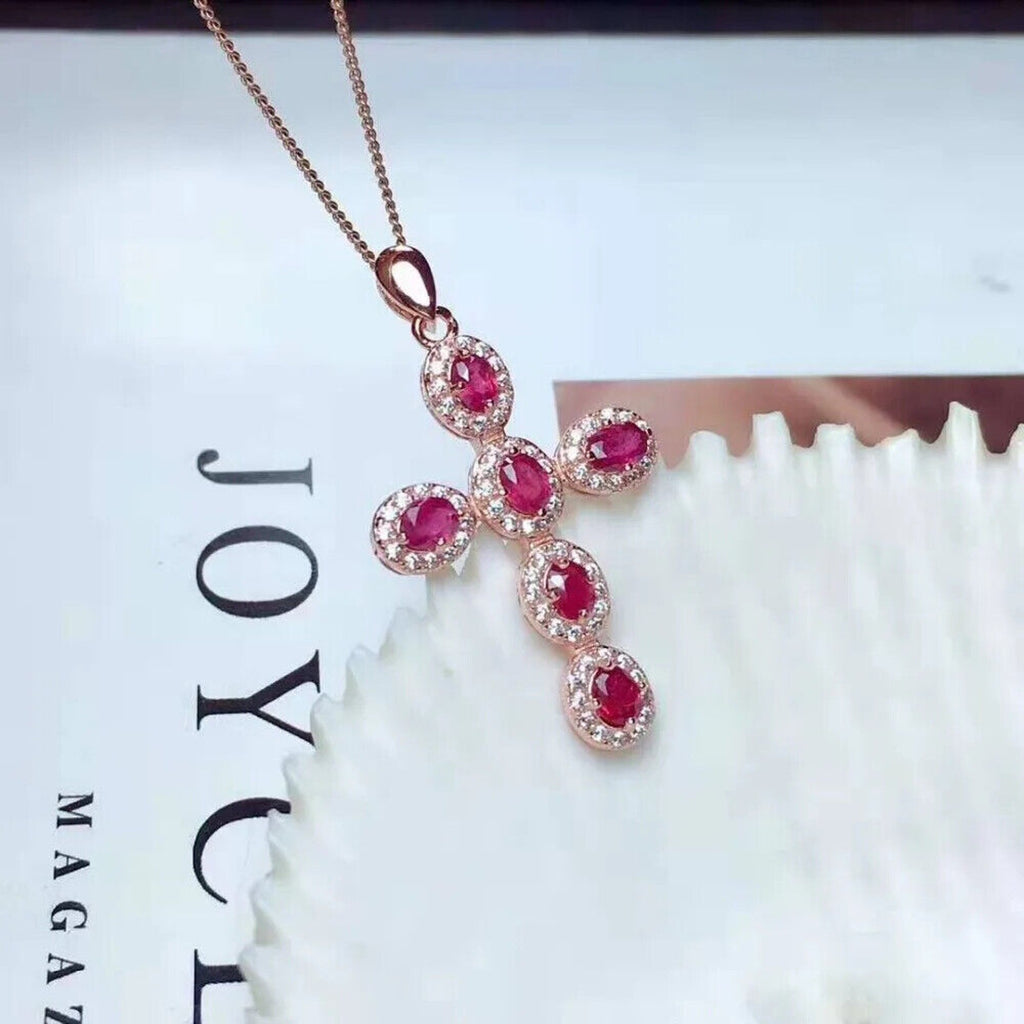 Natural Gemstone Cross Necklace, Ruby, Sapphire, Emerald, Moonstone, Aquamarine