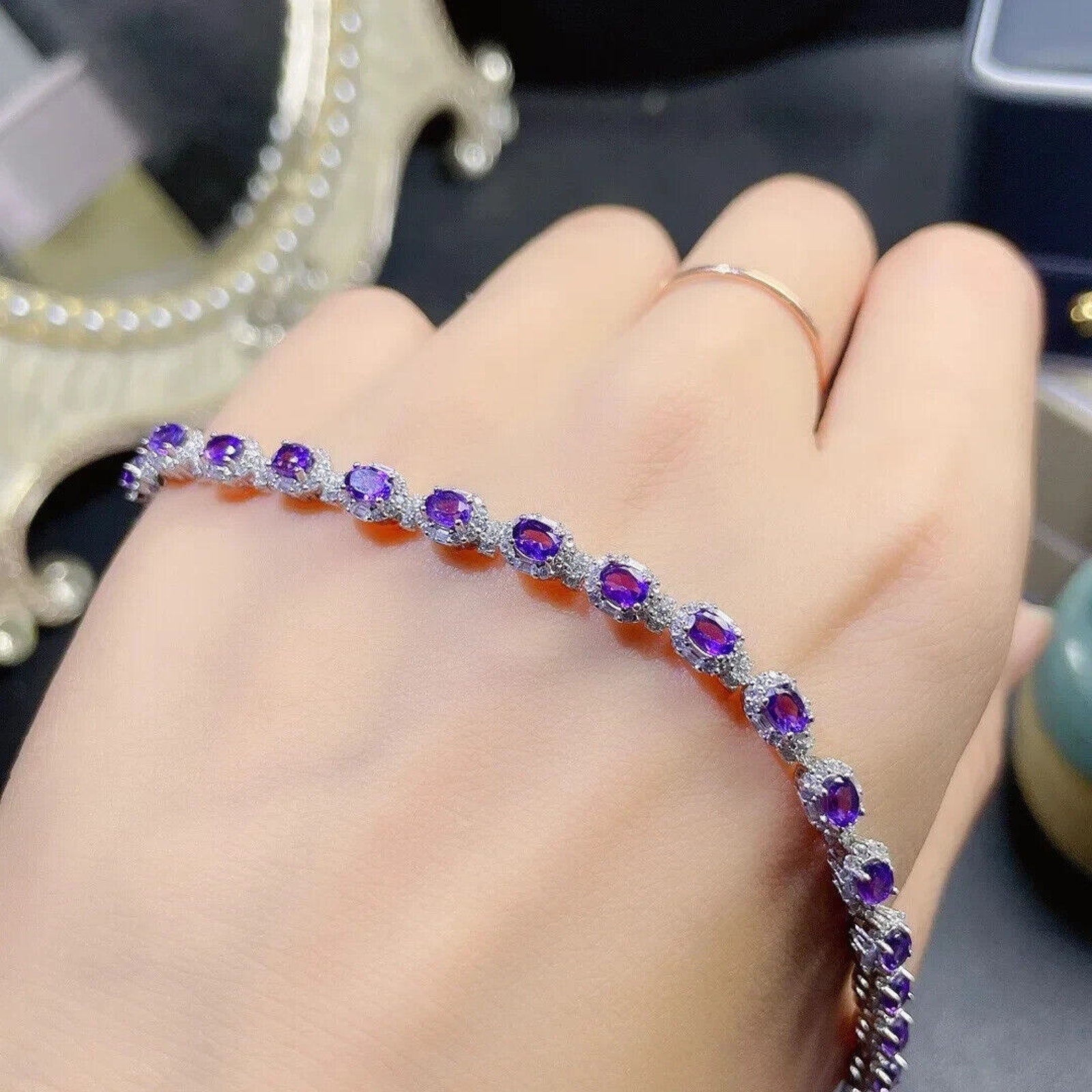 Natural Amethyst Gemstone Tennis Bracelet, Amethyst Bracelets