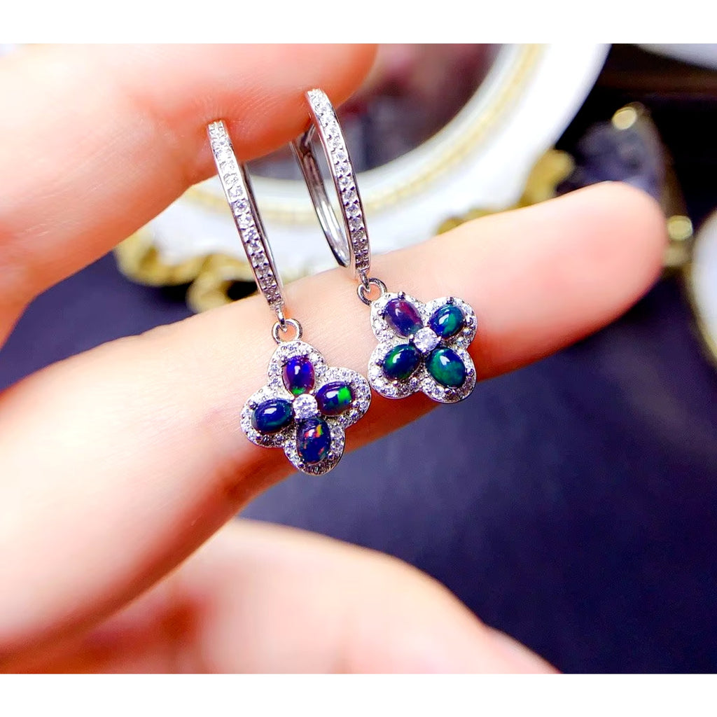 Black Fire Opal Hoop Earrings, Colorful Fire Opal Earrings 925 Sterling Silver
