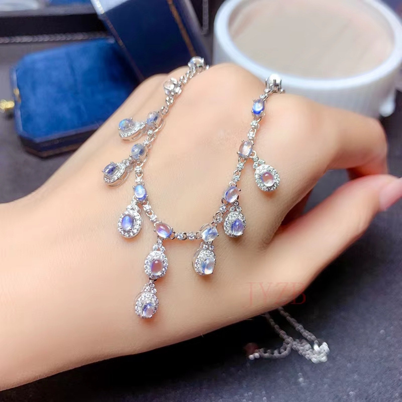 Natural Blue Moonstone Charm Necklace 925 Sterling Silver, Moonstone Necklace