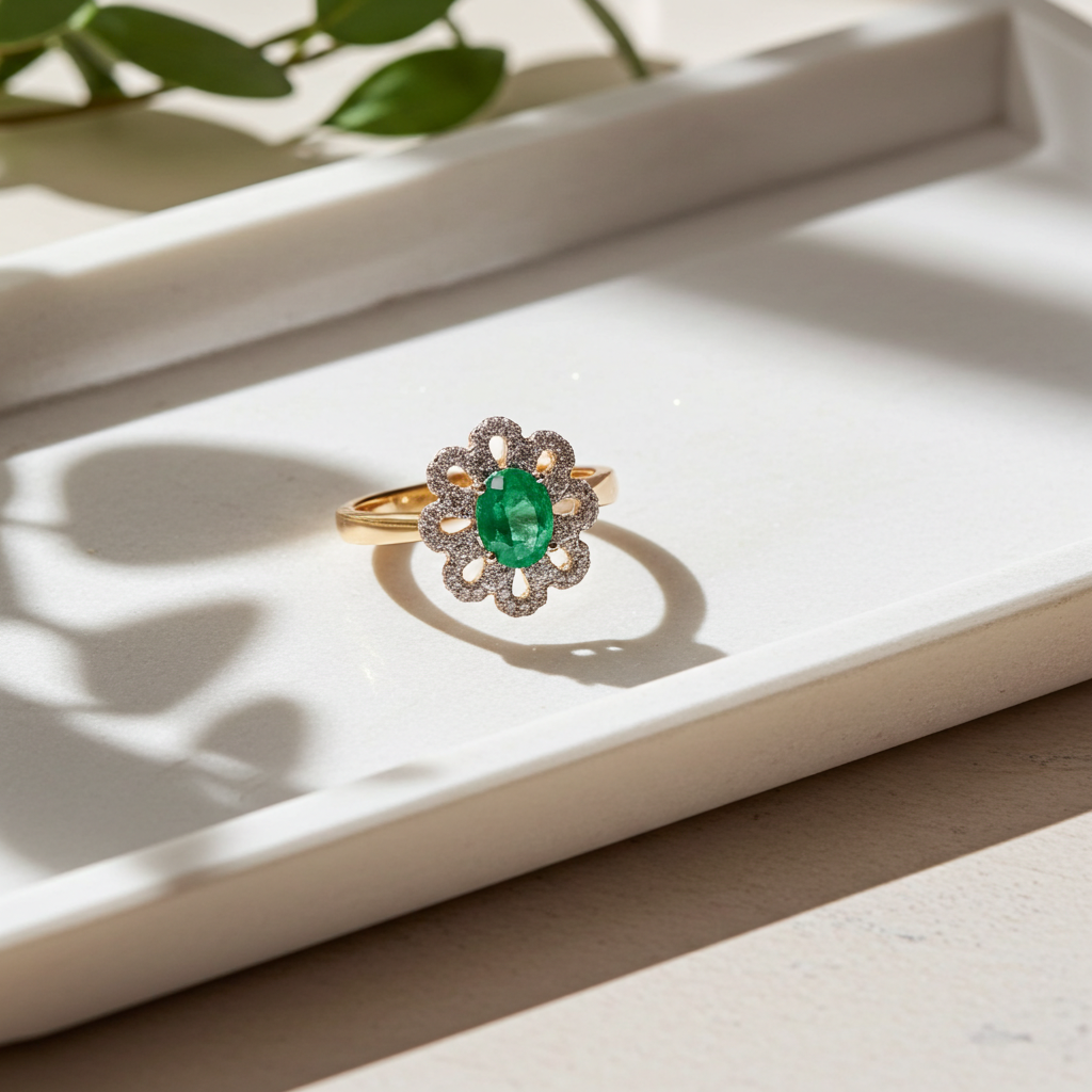 Natural Emerald Ring, Emerald Flower Ring Sterling Silver 4x6mm, Genuine Emerald