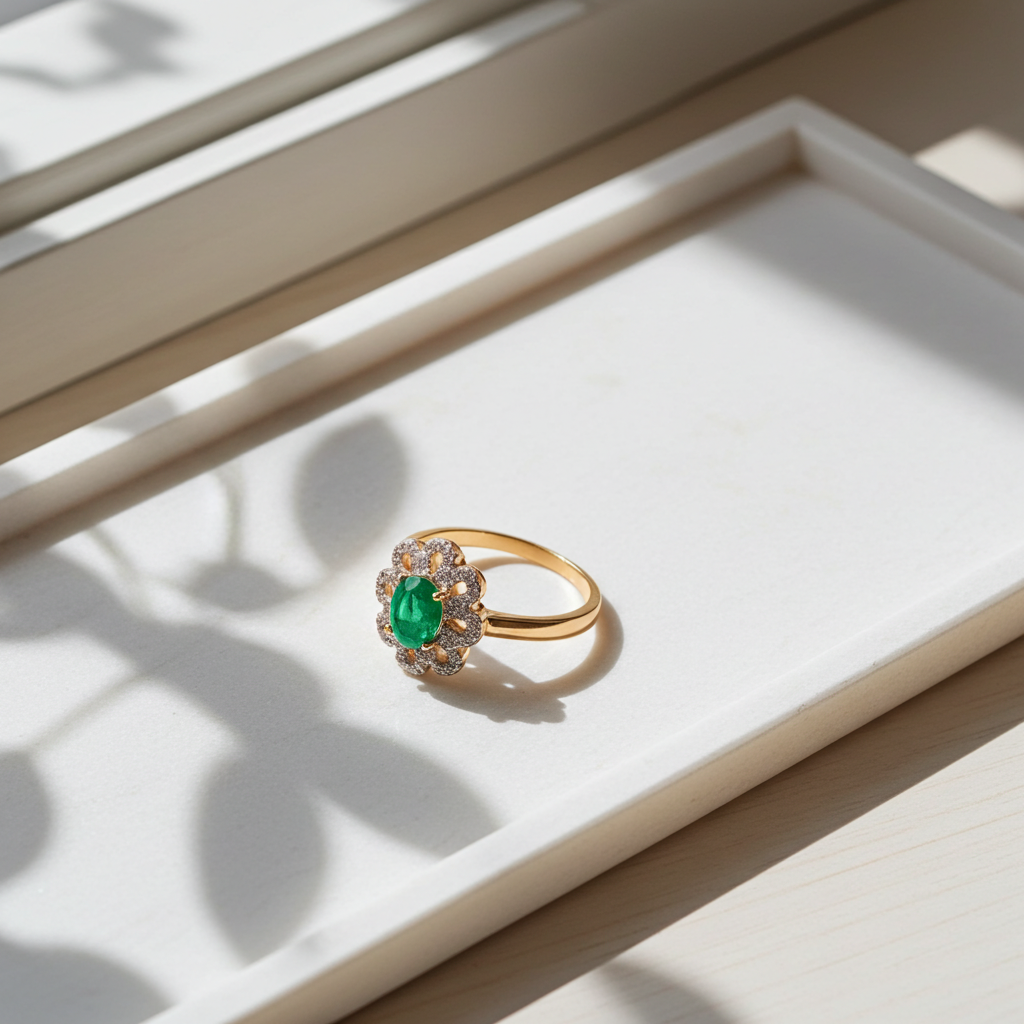 Natural Emerald Ring, Emerald Flower Ring Sterling Silver 4x6mm, Genuine Emerald