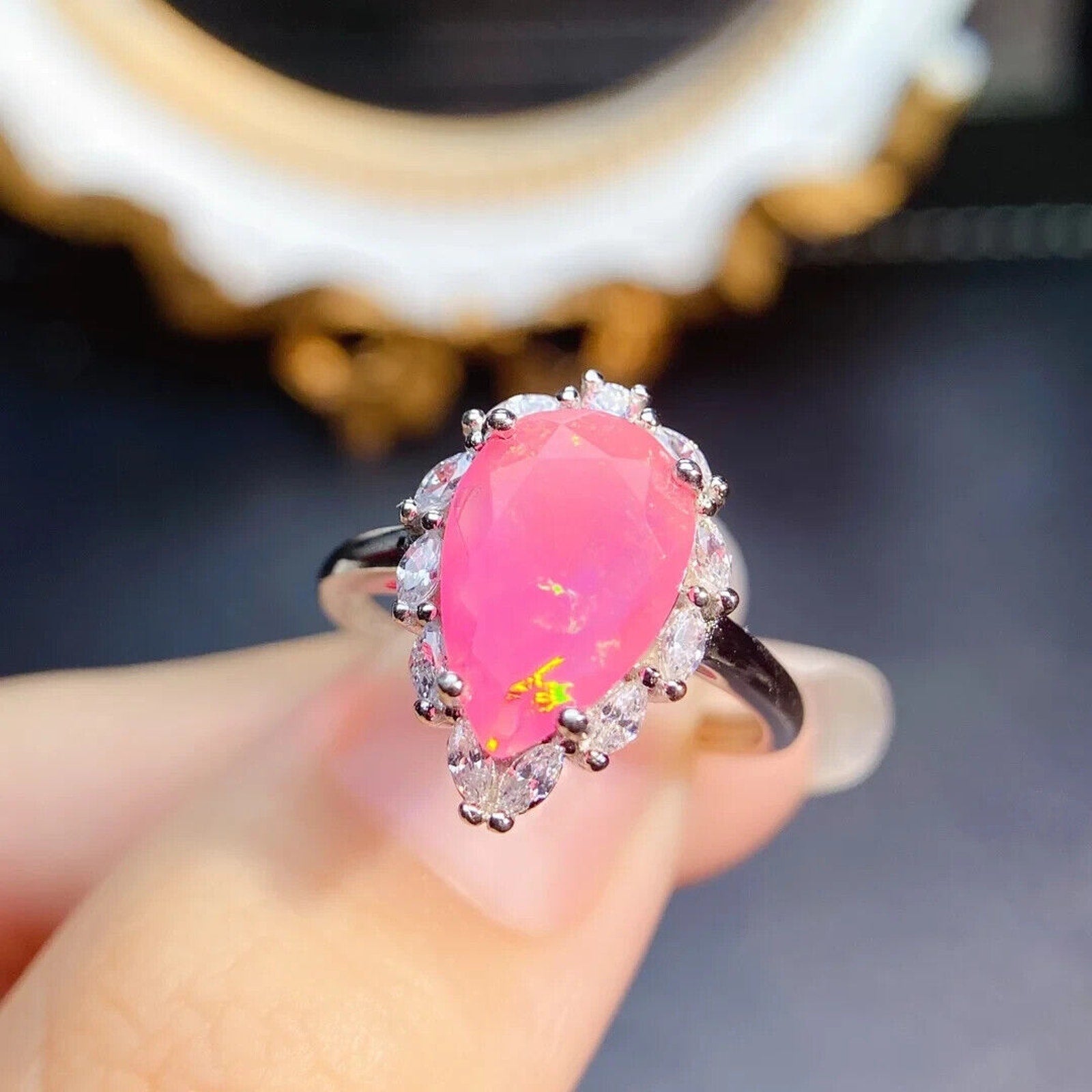 Pink Fire Opal Gemstone Ring 8x14mm, Natural Pear Cut Pink Fire Opal Ring