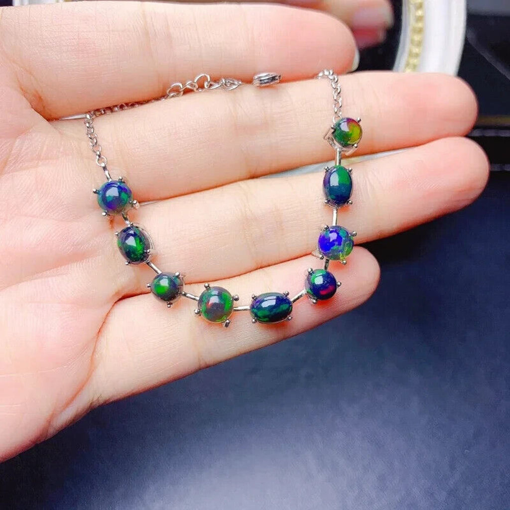 Black Fire Opal Bracelet 925 Sterling Silver, Black Opal Chain Bracelet
