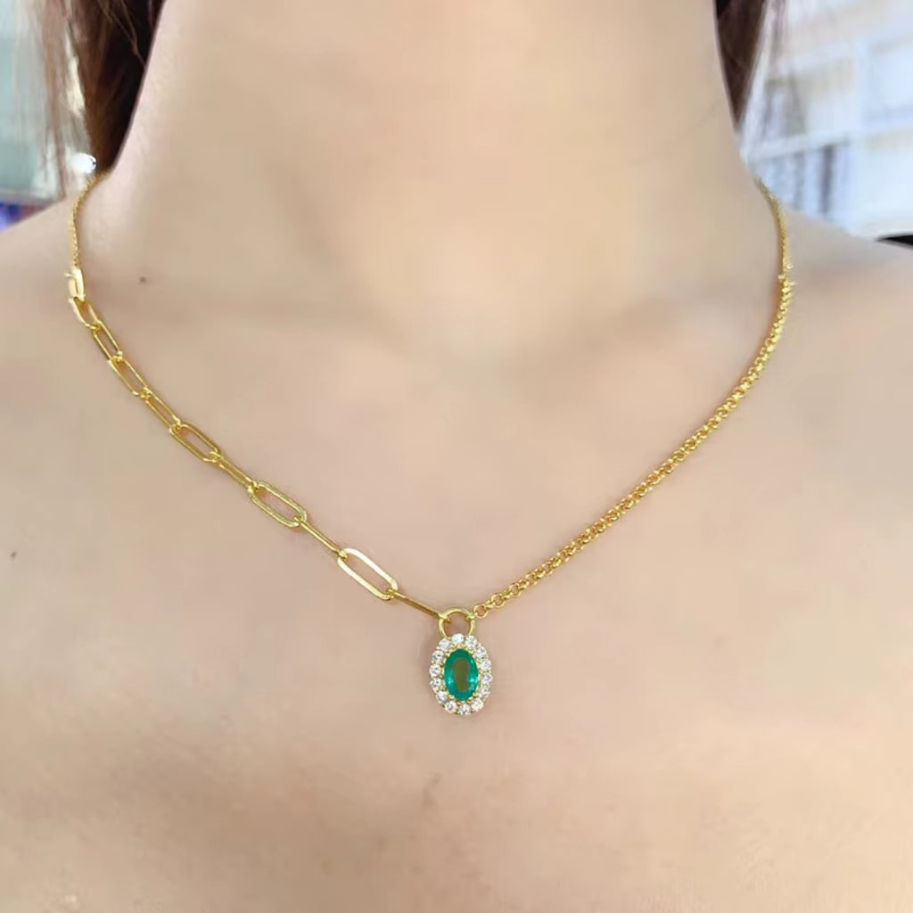 Emerald Pendant Necklace, Paperclip Chain Necklace with 4x6mm Emerald