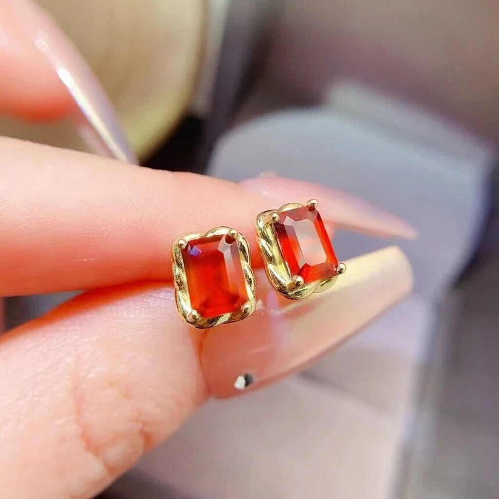 Natural Orange Garnet Stud Earrings 5x7mm Platinum Plated