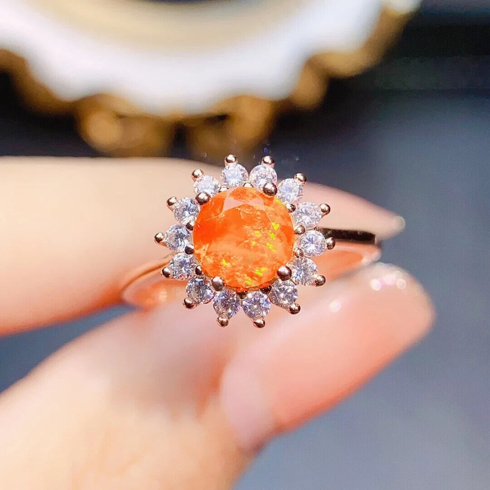 Orange Fire Opal Cocktail Ring 6mm, Natural Orange Opal Statement Ring