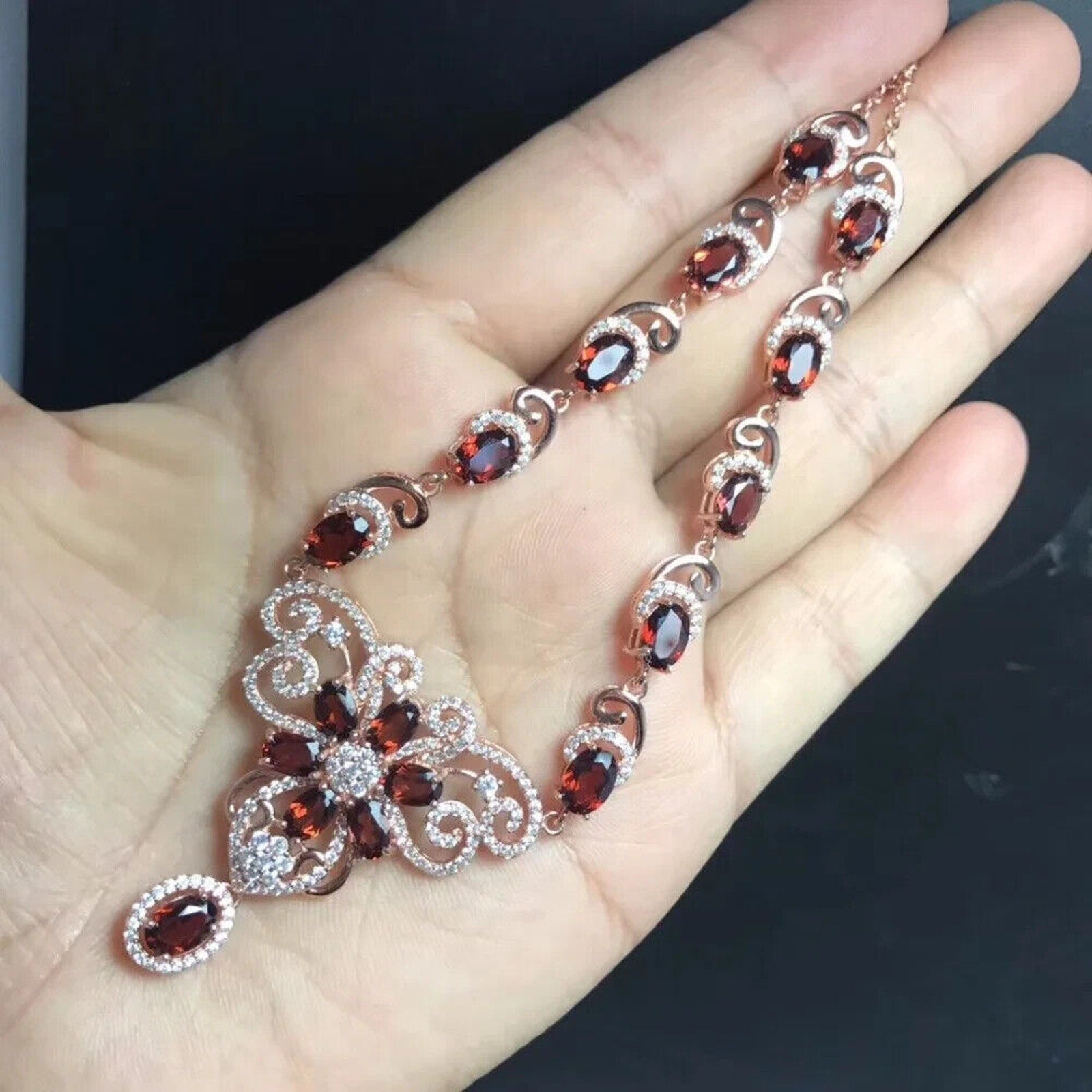 Red Garnet Flower Statement Necklace, Natural Garnet Gemstone Necklace 925