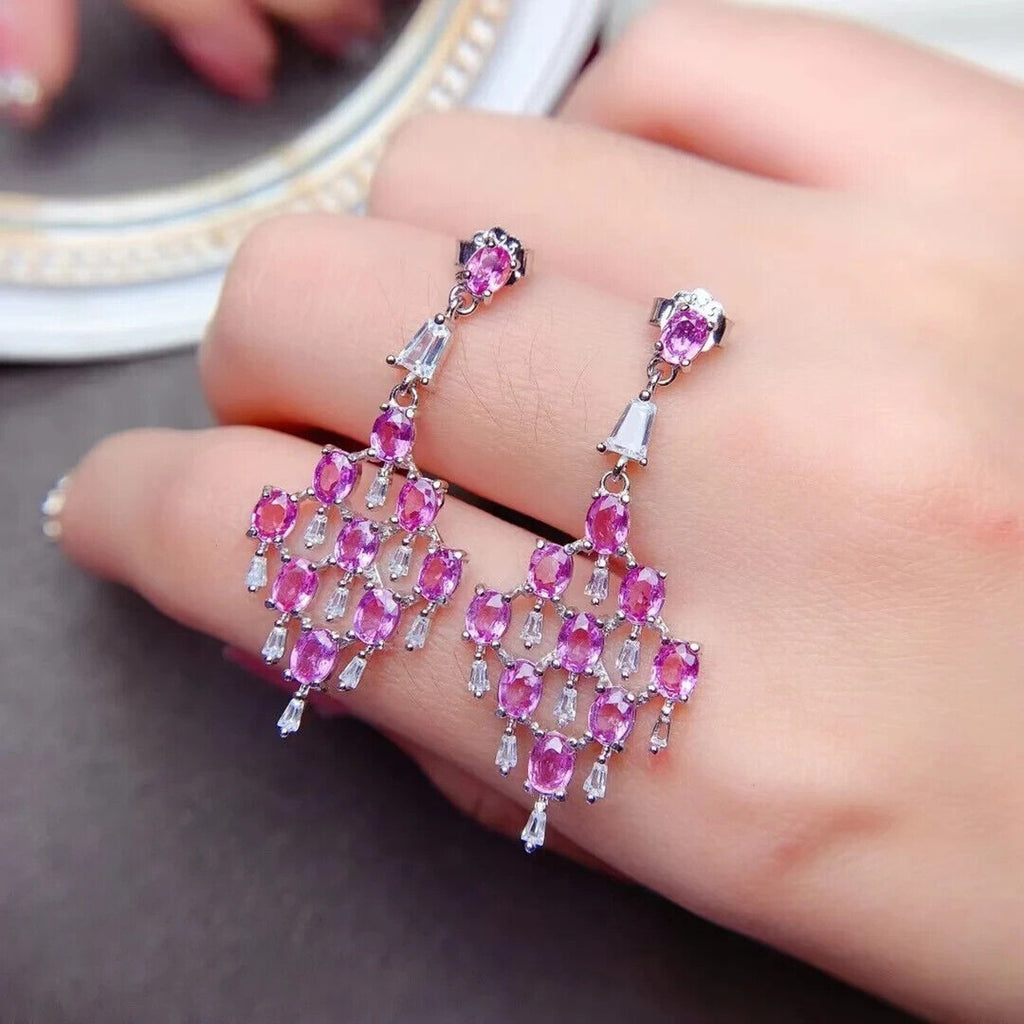 Pink Sapphire Chandelier Earrings VVS Grade 3x4mm Platinum Plated