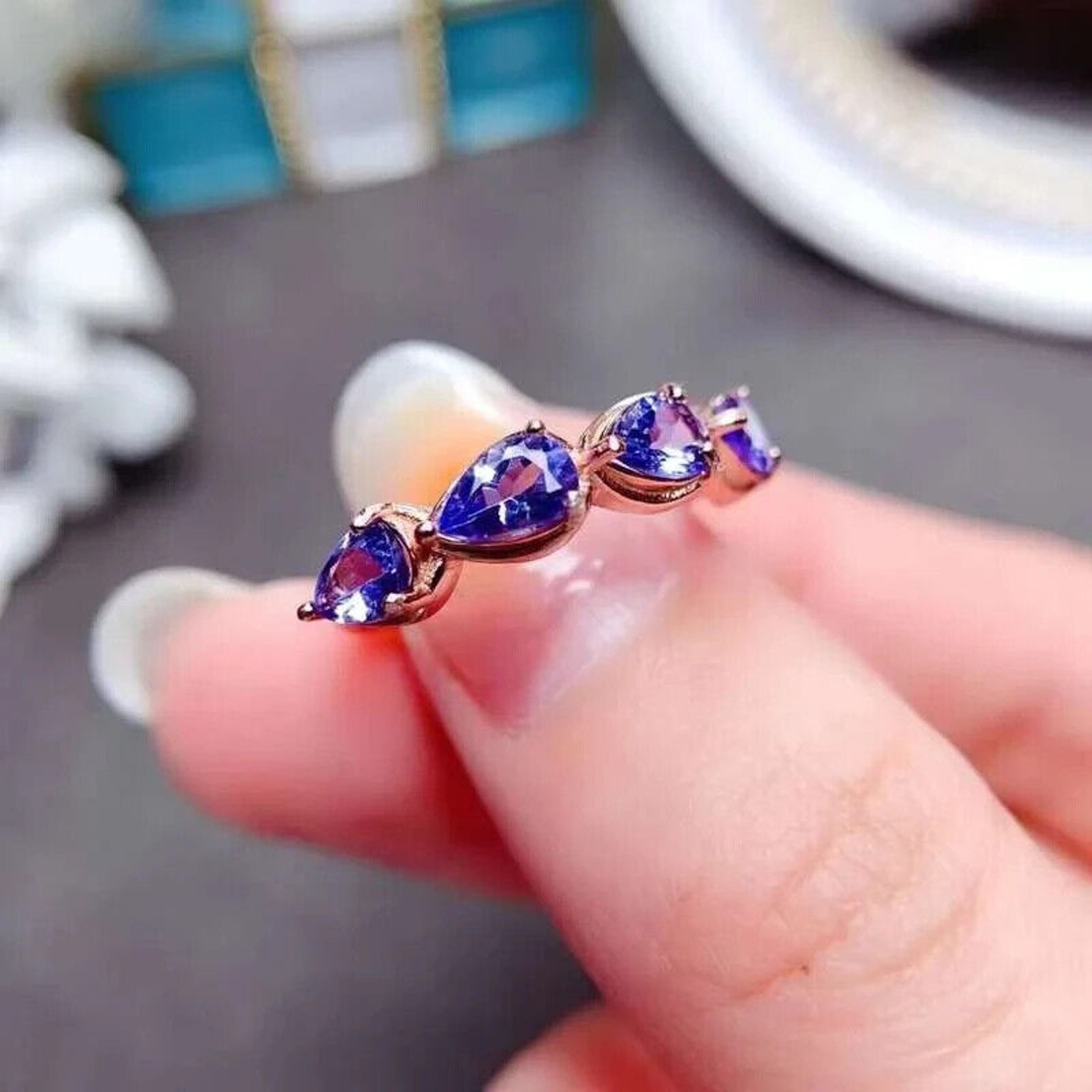 Natural Purple Tanzanite Band Ring 3x4mm Platinum Plated, Tanzanite Band Ring
