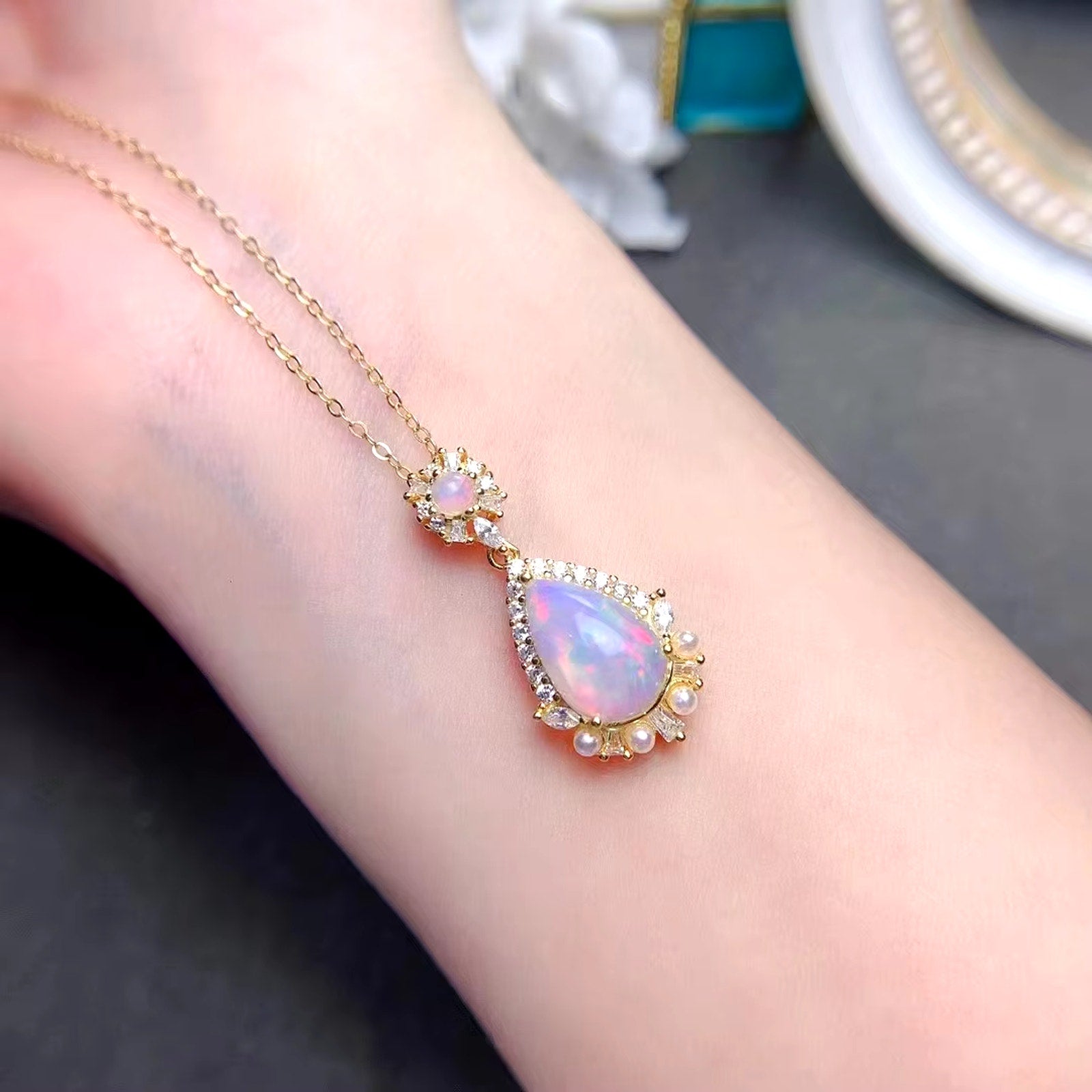 Natural Fire Opal Pendant Necklace, Opal Necklace 925 Sterling Silver 8x12mm