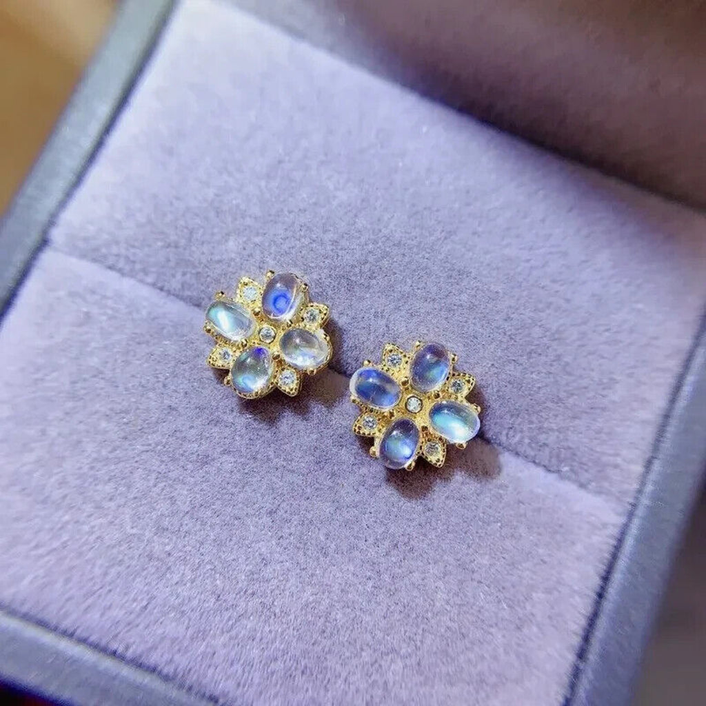 Natural Moonstone Cluster Stud Earrings 3x4mm, Moonstone Earrings 925 Sterling