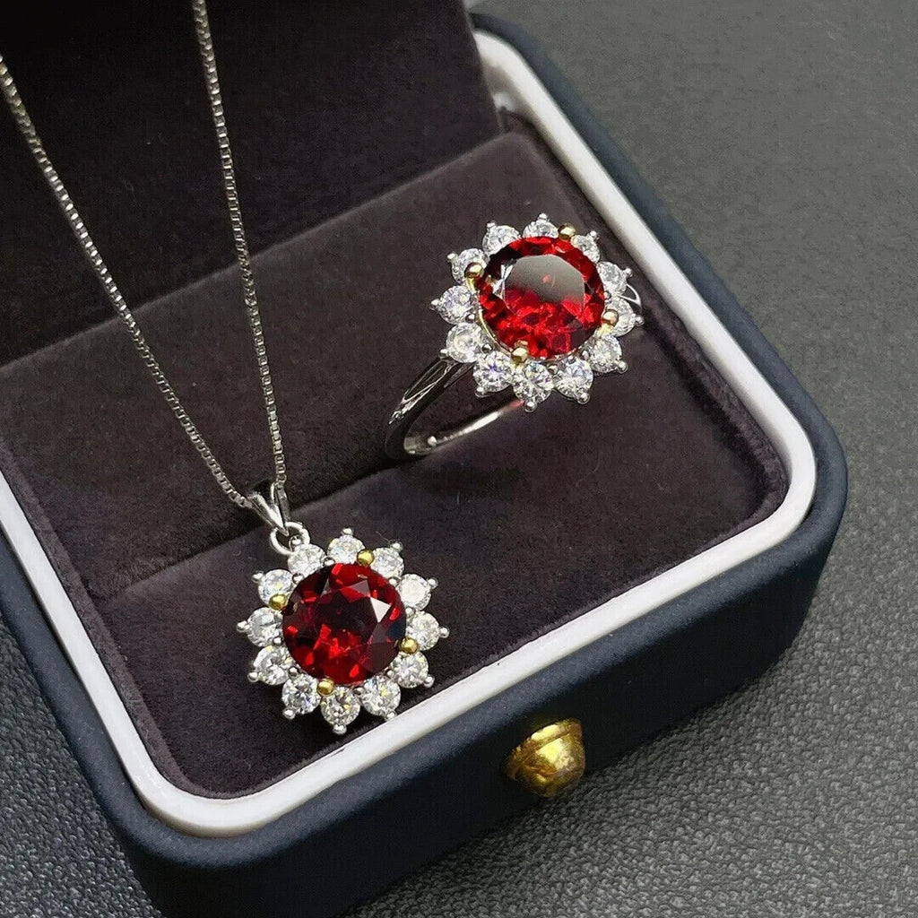 Women's Red Garnet Jewelry Set, Natural Red Garnet Necklace and Pendant Set